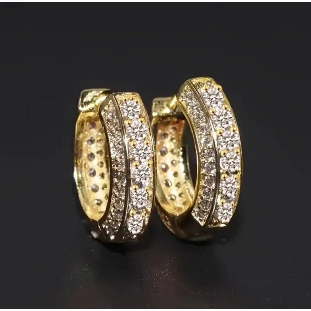 Men’s Iced Cubic Zirconia CZ Huggie Hoop Earrings Gold Unisex Party